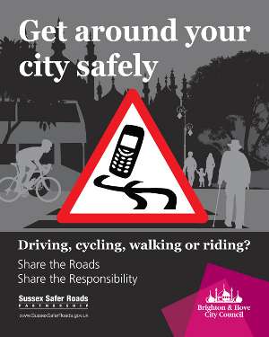 Get around your city safely - mobile phone danger poster