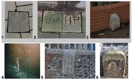 Photographs of the boundary stones at 1. Western Road; 2. Windlesham Road & Osmond Road; 3. Dyke Road & Old Shoreham Road; 4. New England Road railway Bridge; 5. New England Road; and 6 Elm Grove.