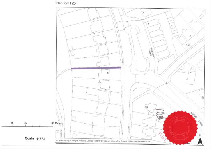 Map of Woodland Drive Modification Order with red seal.