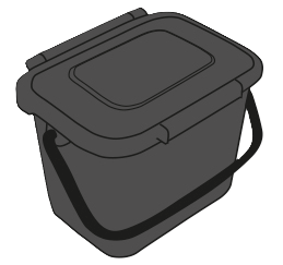 An indoor kitchen caddy. It is a small grey box with a lid and a handle
