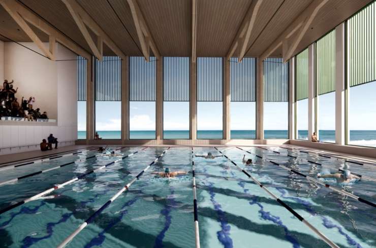 Artist's impression of a swimming pool with large windows in the background