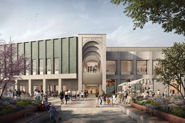 Artist's impression of the east elevation of the new leisure centre showing the entrance and outside space.