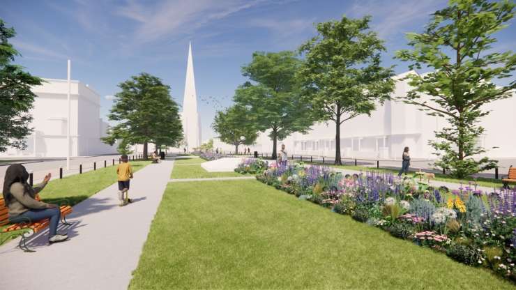 Landscape architect artist rendition of the re-landscaping. A path with people walking along on the left hand side. Block of grass with flower beds next to it.