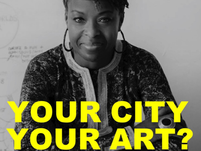 Head and shoulders portrait of artist Nike Jonah with theme banner 'Your City, Your Art?'