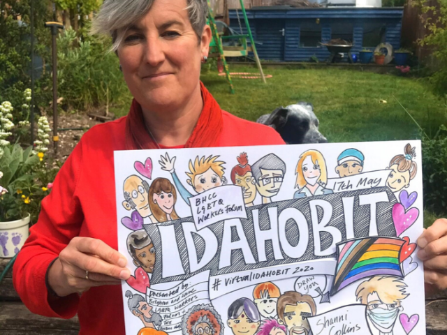 Author and illustrator Shanni Collins with the IDAHOBIT2020 poster