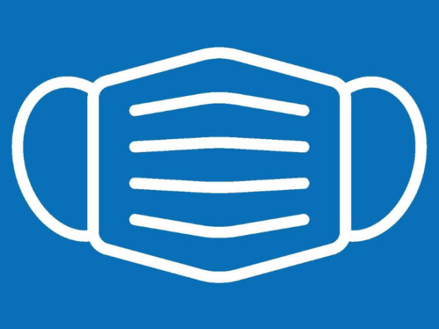 White infographic of a face mask on a blue background