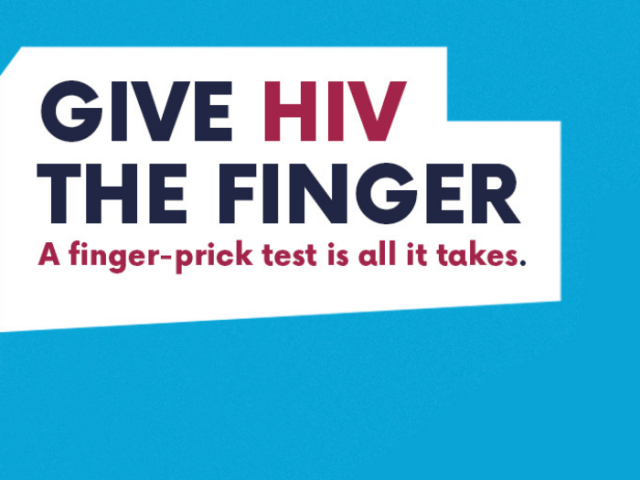 Blue box with the words 'give HIV the finger' in a speech bubble
