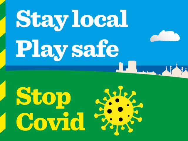 Illustration of the downs, the city and the sea, with the words - stay local, play safe, stop covid