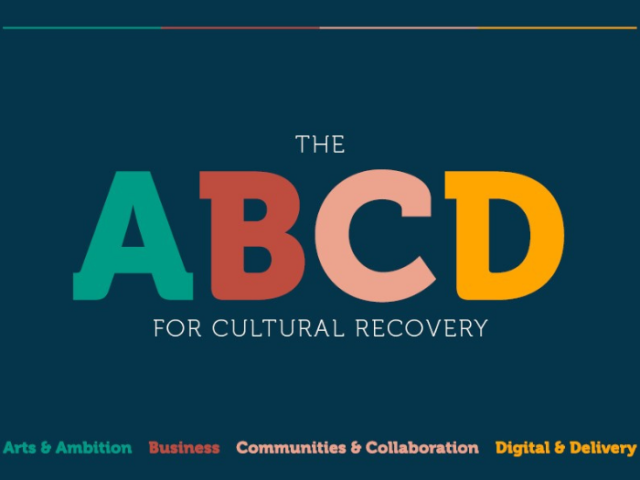 Front cover of the ABCD Cultural Recovery Plan, showing the letters ABCD in blue, brown, pink and yellow against a dark-blue background