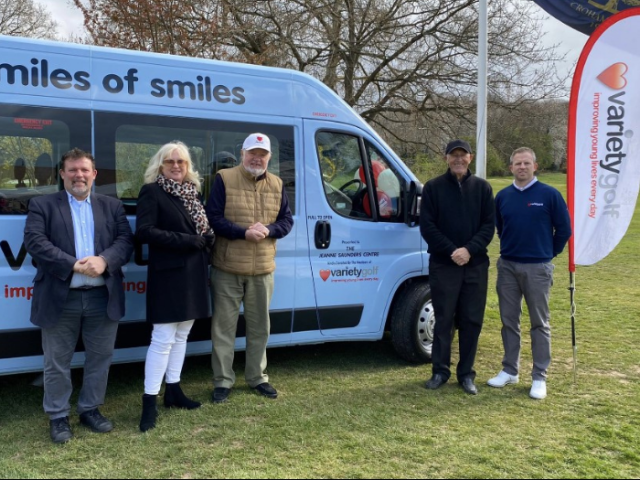 Jeanne Saunders Centre driver Glenn Tyler, Manager Anna Rhodda, Variety Golf President Jimmy Tarbuck, its captain Len Goodman and Variety Golf Director Jamie Little pictured in front of the new minibus