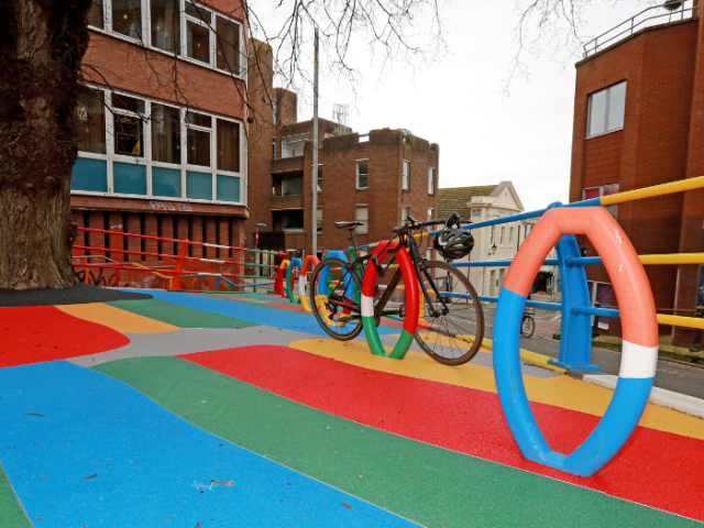 Picture of colourful paving and cycle racks