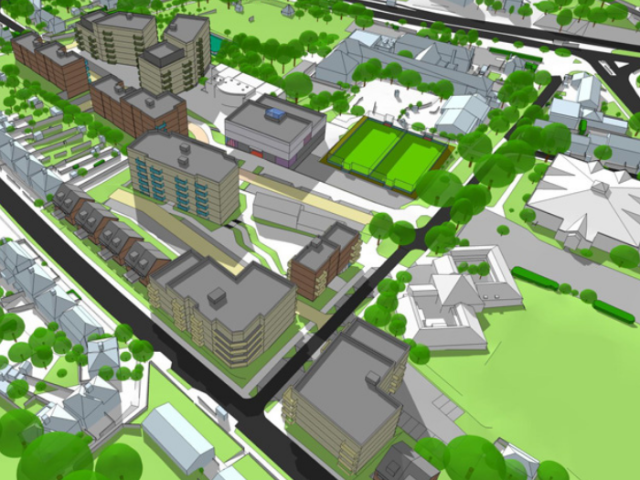 Architect's sketch of the proposed development of new homes and a community hub in Moulsecoomb