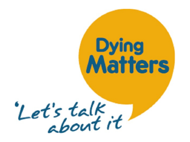Yellow speech bubble on a white background with the words 'Dying Matters' and 'Let's talk about it' in blue writing