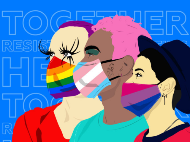 International Day Against Homophobia, Transphobia & Biphobia 2021 campaign graphic with a nillustarion of three people in masks based on LGBTQ+ flags