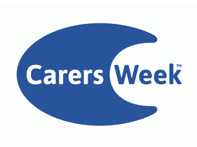 Carers Week logo - blue crescent on a whit background with the words Carers Week written over the top