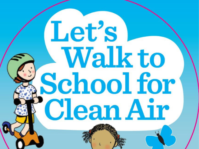 A cartoon like picture of a child on a scooter with the caption 'Let's walk to school for clean air'