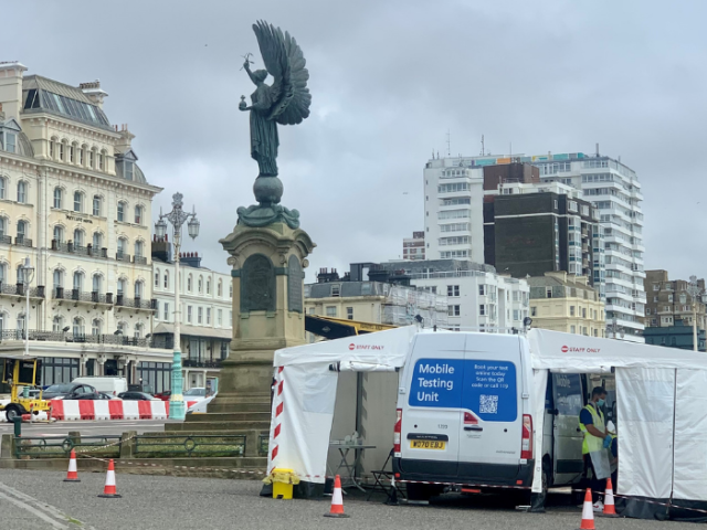 Photo of the mobile testing van at the Peace Statue in Hove