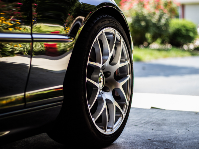 A close up of a car wheel
