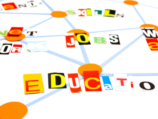 collage of colourful words on paper: skills, jobs, education
