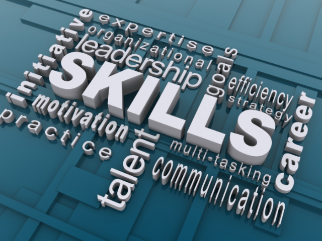 The word 'skills' on a blue background surrounded by other related words including, career, talent, motivation, leadership and initiative