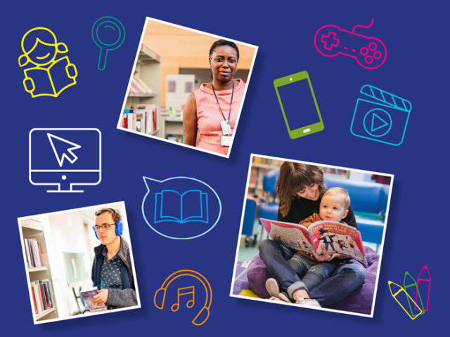 Graphic with photos of people enjoying the city's libraries and illustrations of various library activities (photos by Sam Luck)