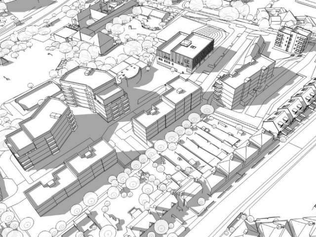 Architect's aerial sketch of the proposed housing and community hub in Moulsecoomb looking from the south