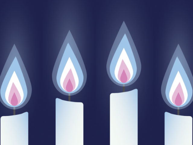 Transgender Day of Remembrance graphic showing lit candles with the flames in the colour of the Trans flag. 
