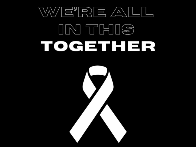 White Ribbon Day graphic with text reading 'We're all in this together' and an illustration of a white ribbon.