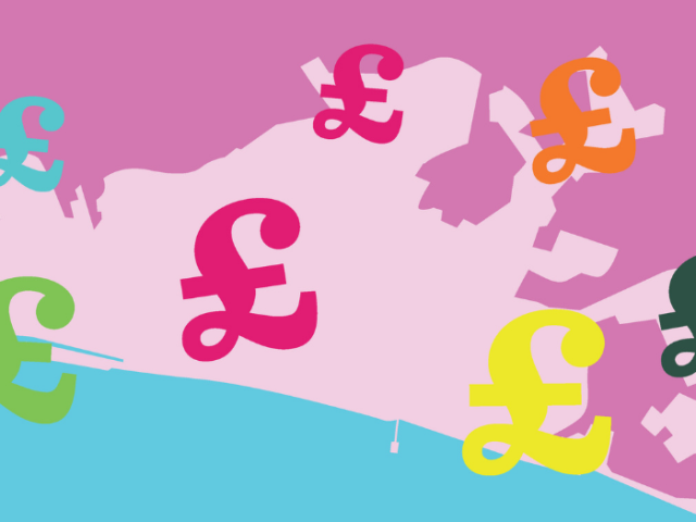 An animated aerial picture of Brighton & Hove. The area the the local authority covers is outlined with Great British Pound signs plastered all over the image to indicate that money is being spent on the city.