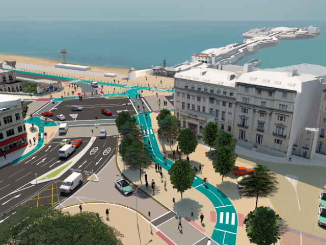 A graphic design of an ariel view of roads, cycle lanes, buildings, trees and a pier