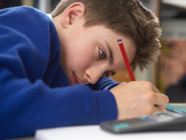 A primary school pupil at work.