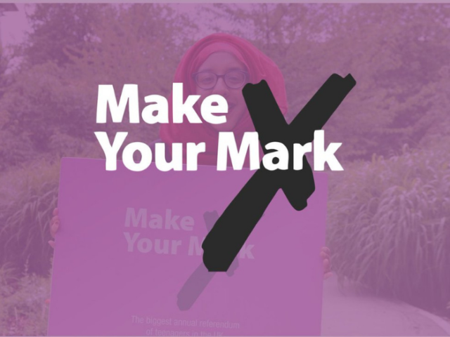 Transparent purple image with the words Make Your Mark and a scrawled cross. behind is a girl holding a sign saying Make Your Mark