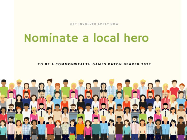 'Nominate a local hero' graphic with an illustration of  a crowd of people lined up for a photograph