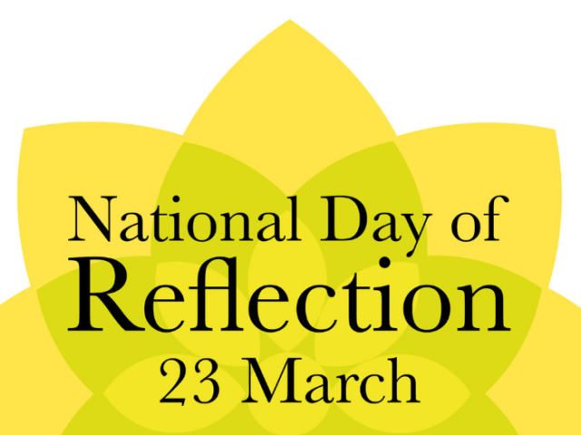 Graphic representation of a daffodil made from intersecting yellow and green shapes - used as a logo for the National Day of Reflection