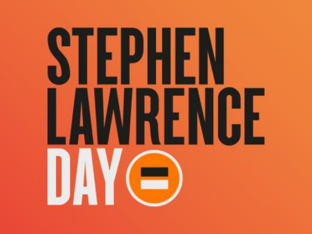 Graphic with text reading 'Stephen Lawrence Day' on an orange background.