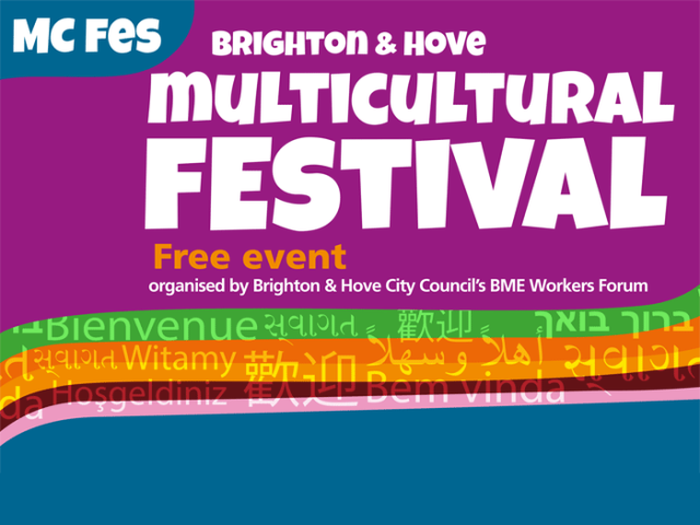 Graphic with text reading 'MC FES - Brighton & Hove Multicultural Festival' 