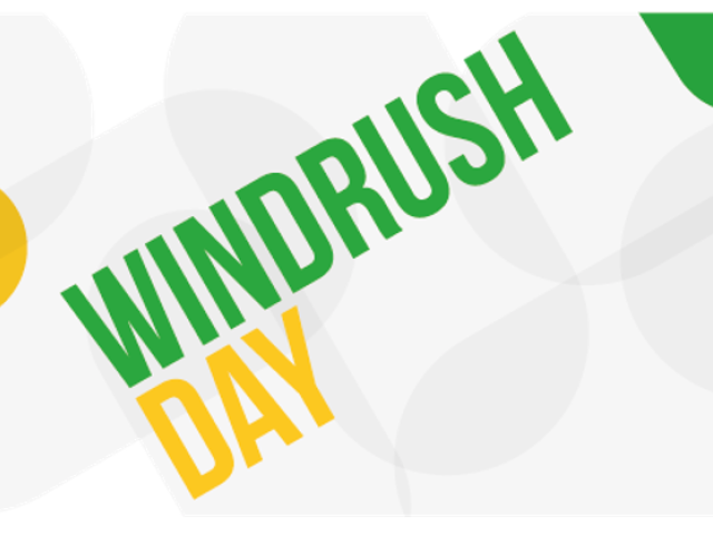 Image displaying the words Windrush Day, celebrating Great Britain's DNA on a plain background, with a mixture of shapes and colours