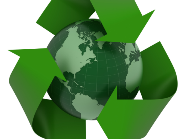 Green and pale blue graphic of the world cradled within three green arrows which form a triangle - the universal symbol for recycling