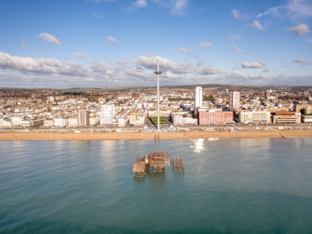 view of i360, West Pier and Brighton beachfront from the sea