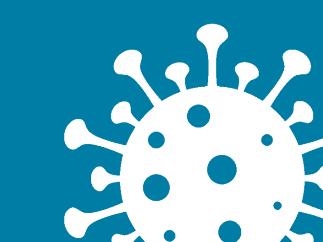 White illustration of  corona virus on a blue background
