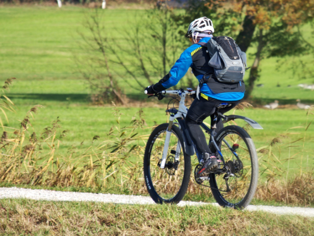 A cyclist on a path surrounded by grass and trees