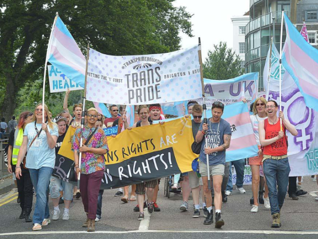 Photo of people carrying Trans Pride banners and flags at a Trans Pride protest march in Brighton & Hove