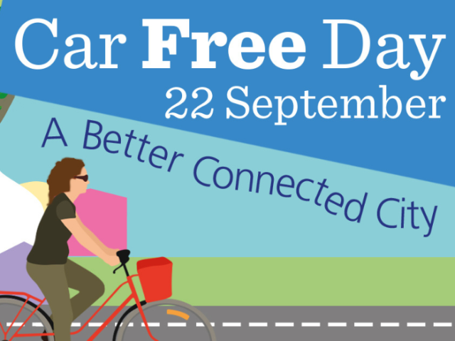 An animated image of a cyclist with the words 'Car Free Day, 22 September' and 'A better connected city'