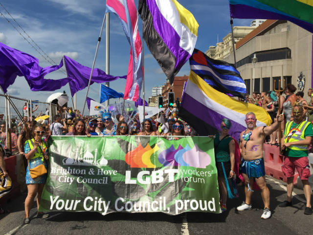 Members of the council&rsquo;s LGBTQ+ Workers Forum with banners and flags in the Pride Community Parade