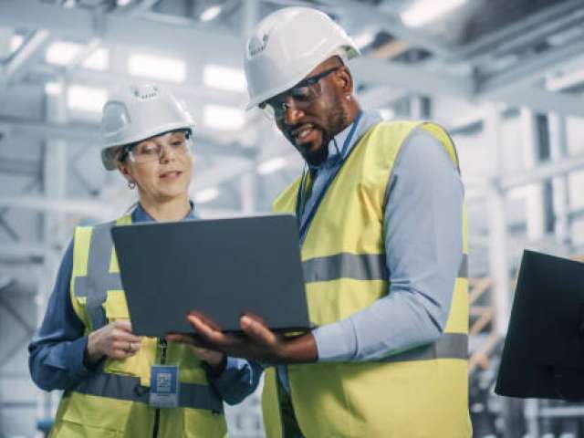 a woman and a man wearing hi-vis vests and hard hats look at a laptop