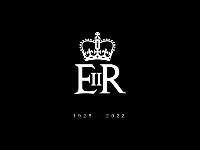 White Elizabeth II crown logo and dates of '1926 to 2022' on a black background