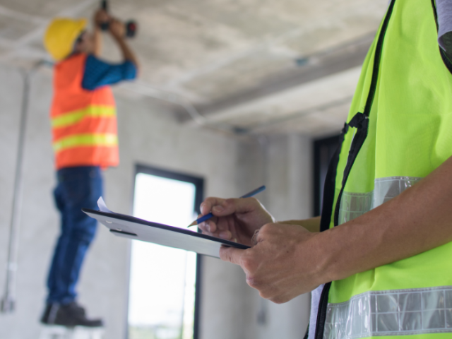 A builder is holding an electric drill above his head, drilling into a ceiling above him. He is wearing a yellow hard hat and an orange high viz jacket. Between him and the camera was see a yellow high viz jacket of someone watching him. They have a pencil in hand and are poised to write.