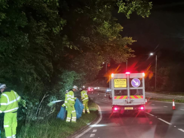 Photo of cityclean staff dressed in high-viz cleaning litter form the verge of the A27 with a street cleaning caged van parked ahead of them