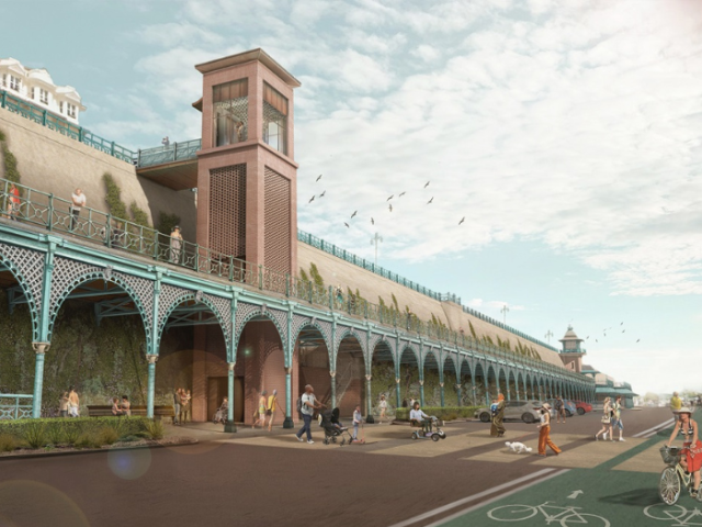 An artist's impression of how the new lift and terrace will look after the restoration is complete. The square brick lift tower rises above the terrace level walk way with its characteristic light blue painted iron balustrade.