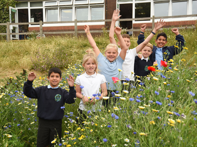 A group of children standing in a field of wildflowers